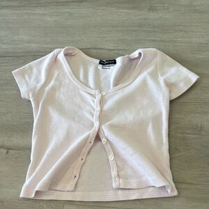 cute button up short sleeve brandy melville pink and white striped